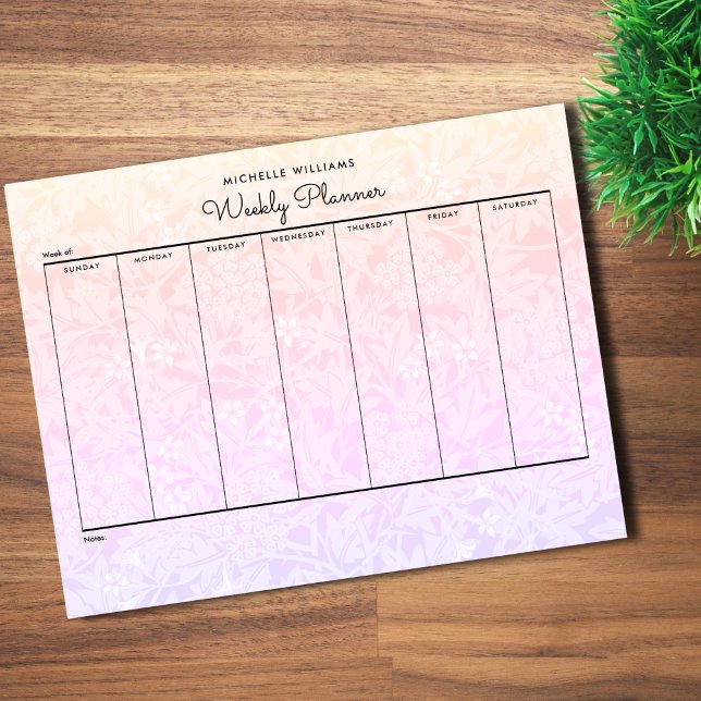 Einfache Pastel Pink Rainbow Floral Weekly Planner Notizblock (Von Creator hochgeladen)