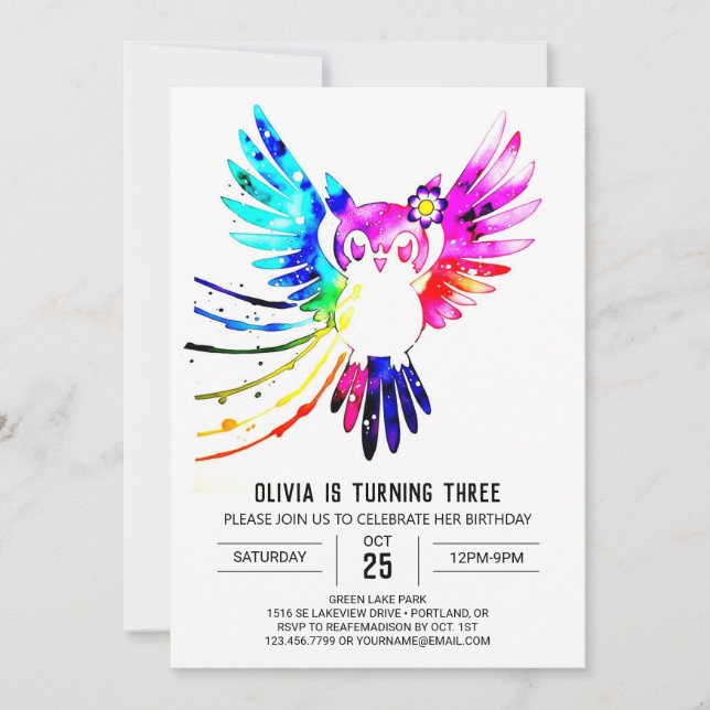 Einfache Pastell Digital Owl Geburtstag Einladung (Vorderseite)