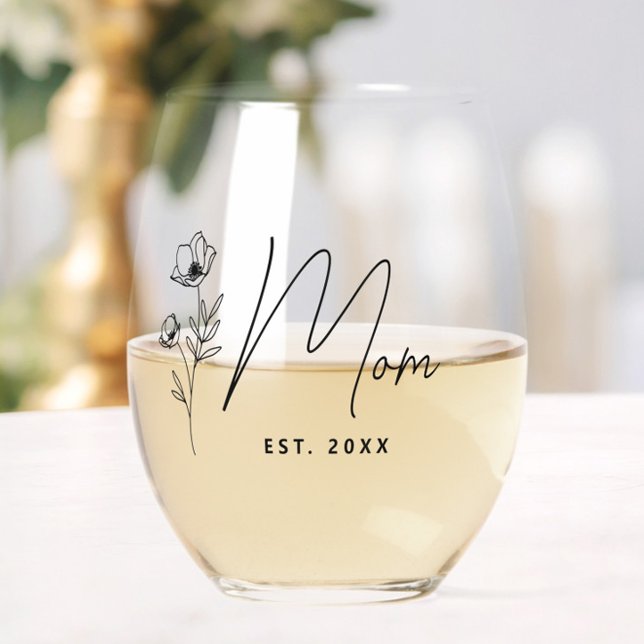 Einfache Personalisierte Mama in Schwarz Weinglas Ohne Stiel (Elegant New Mom Floral Wine Glass, Mother's Day Gift, Est. 2025, Modern, Script, Baby Shower )