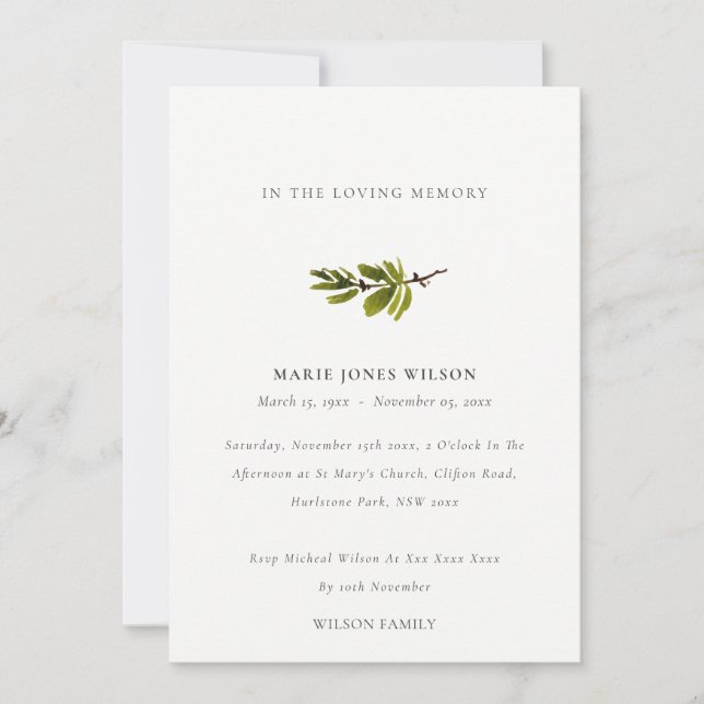 Einfache Pine Branch Foliage Memorial Service Card Dankeskarte (Vorderseite)