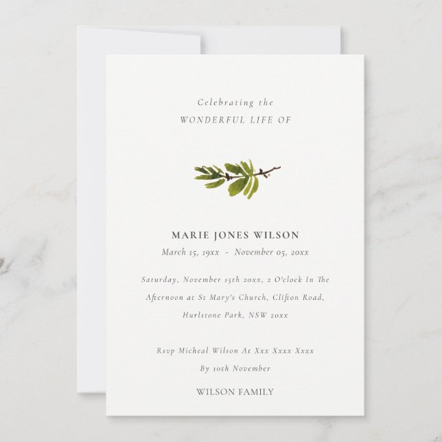 Einfache Pine Branch Foliage Memorial Service Card Dankeskarte (Vorderseite)