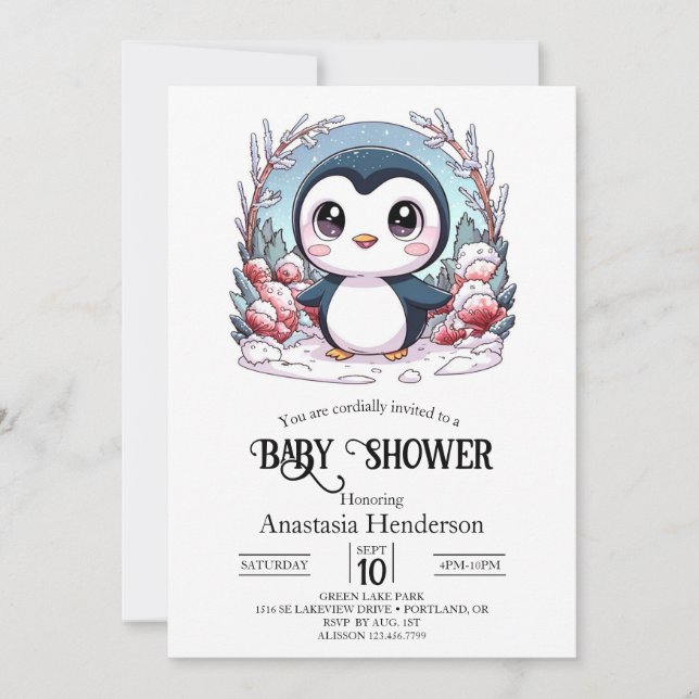 Einfache Pinguin-Babydusche Einladung (Vorderseite)