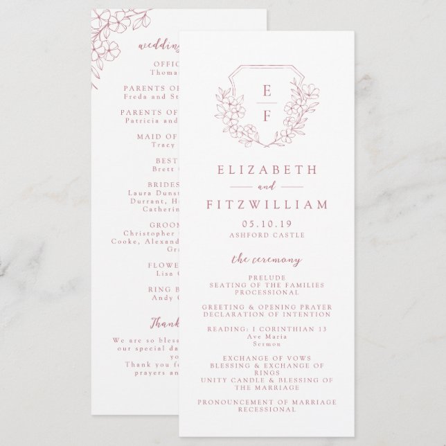 Einfache Pink Cherry Blossom Monogram Wedding Programm (Vorne/Hinten)