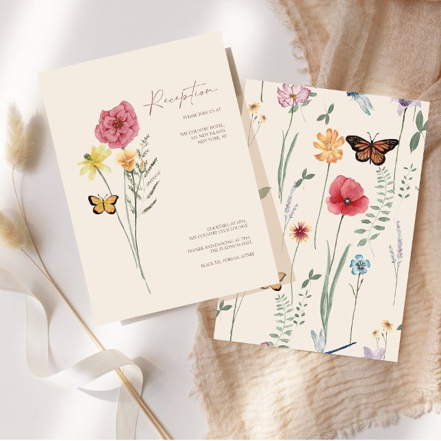 Einfache pinkfarbene Wildblume Whimsical Hochzeits Begleitkarte (Simple Pink Yellow Wildflower Whimsical Reception Enclosure Card)
