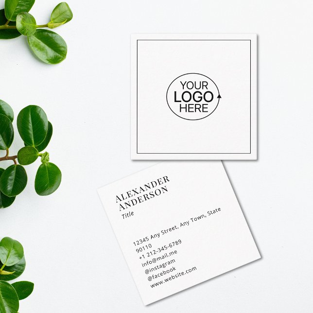Einfache Platzierung des Logos in Schwarzweiß Quadratische Visitenkarte (Contemporary Black and White Add Your Logo Simple Square Business Card)