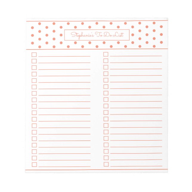 Einfache Polka Dot Orange Two Column to Do Checkli Notizblock (Vorderseite)