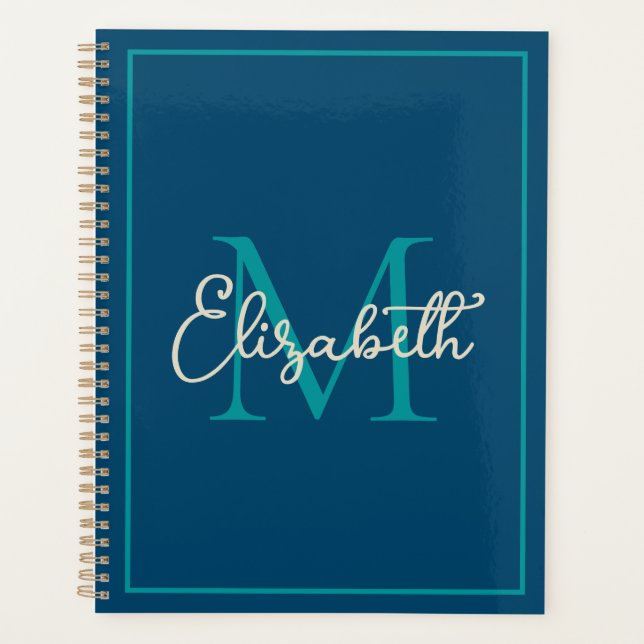 Einfache Preppy Navy Aquamarin und Creme Monogram Planer (Vorderseite)
