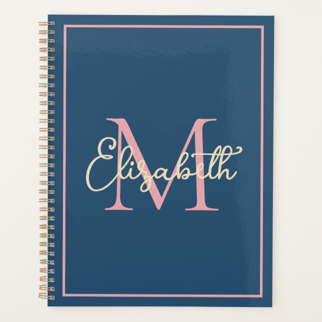 Einfache Preppy Navy Pink und Creme Monogram Planer (Vorderseite)