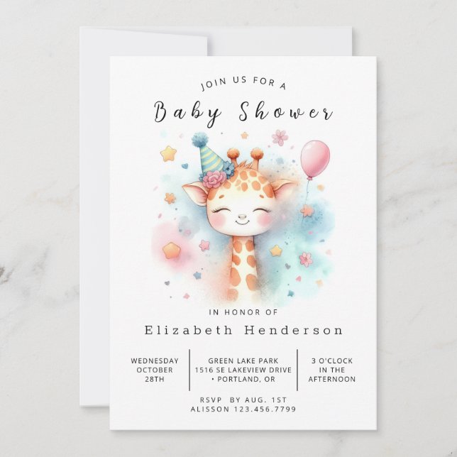 Einfache Printable Giraffe Babydusche Einladung (Vorderseite)