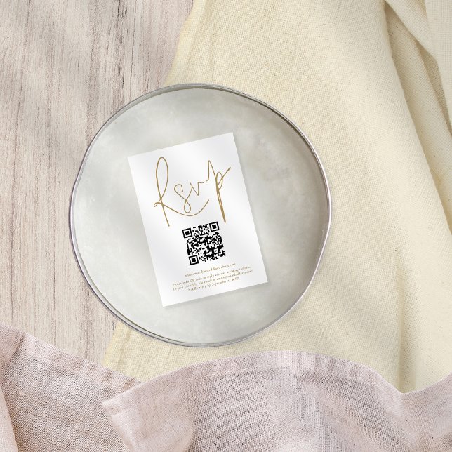 Einfache QR Code Gold Script Hochzeit RSVP Karte (Von Creator hochgeladen)
