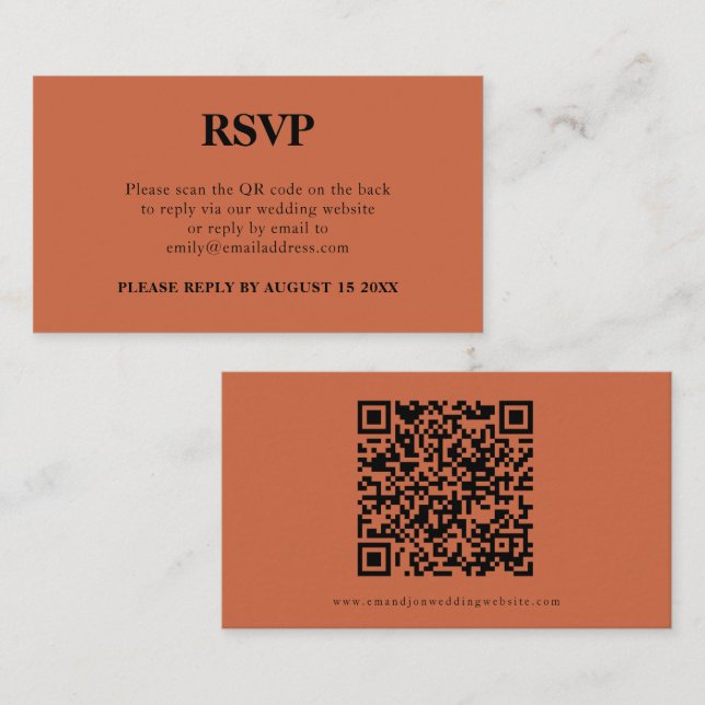 Einfache QR Code Terracotta Wedding RSVP Begleitkarte (Vorne/Hinten)