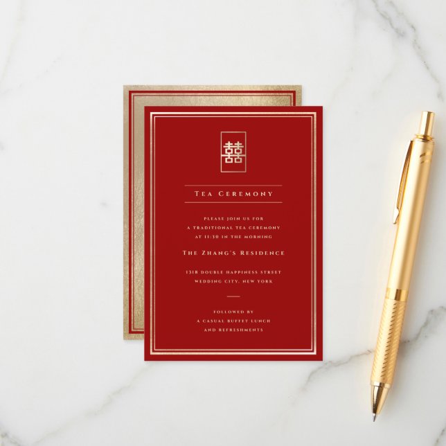 Einfache Rectangle Doppelfröhlichkeit Teezeremonie Begleitkarte (Vorderseite/Rückseite Beispiel)
