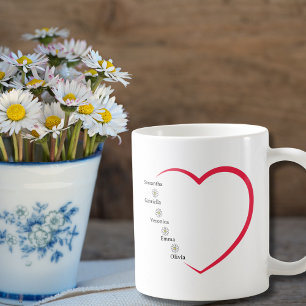 Einfache Red Heart Daisy Blume Custom 5 Names Kaffeetasse