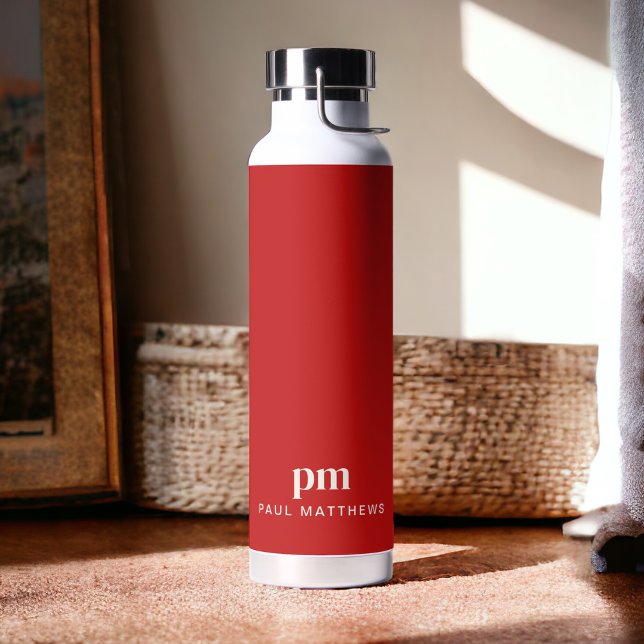 Einfache Red Minimal Custom Monogram und Name Trinkflasche (Personalize with your initials and name.)