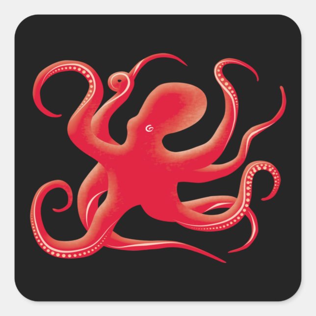 Einfache Red Vector Art Octopus Silhouette Quadratischer Aufkleber (Vorderseite)