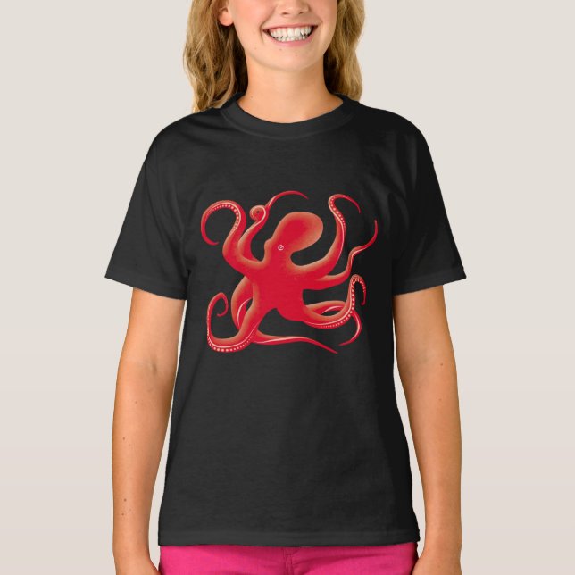 Einfache Red Vector Art Octopus Silhouette T-Shirt (Vorderseite)