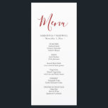 Einfache Red Wedding Menus Card Menükarte<br><div class="desc">Diese einfachen Dinner-Menükarten, die für die Koordination mit meiner Aquarellsammlung konzipiert sind, können mit Ihren Namen und Speisen personalisiert werden. Das Wort Menu ist Set in einem modernen Kalligraphieskript in Beerenrot. Die minimalistische Karte kehrt zu einer soliden, ergänzenden Farbe zurück. Ideal für Weihnachtsfeiern, Probe-Dinner, eine Verlobungsfeier und Empfang. Besuchen Sie...</div>