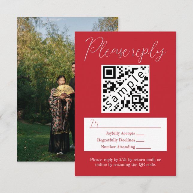 Einfache Red Wedding RSVP Karte mit QR Code (Vorne/Hinten)