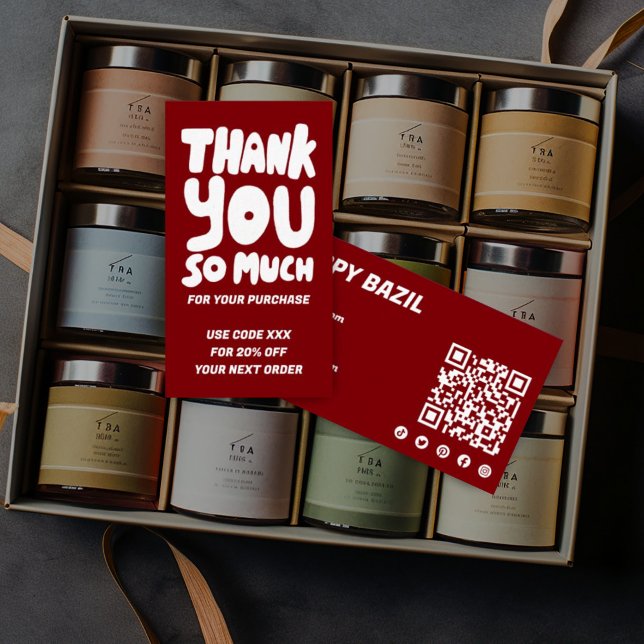 Einfache Red & White Order Vielen Dank für den QR  Visitenkarte (Simple handlettered thank you card with QR code and social media icons)