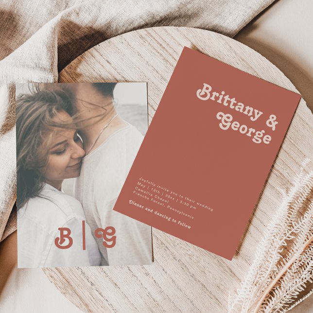 Einfache Retro | Alte Rose Lässiges Foto Monogramm Einladung (Von Creator hochgeladen)