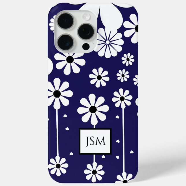 Einfache Retro Boho Navy Blue und White Daisy Blum Case-Mate iPhone Hülle (Rückseite)