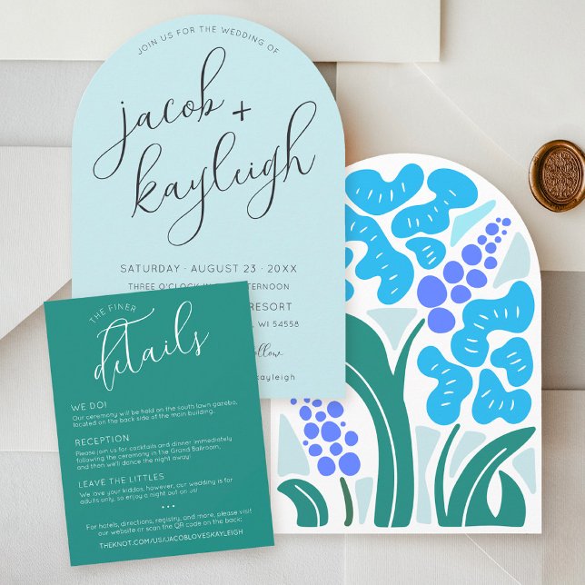 Einfache Retro Floral GREEN Wedding Details QR Kar RSVP Karte (Simple jade green script formal QR code wedding details card sky blue retro boho floral arch invite)