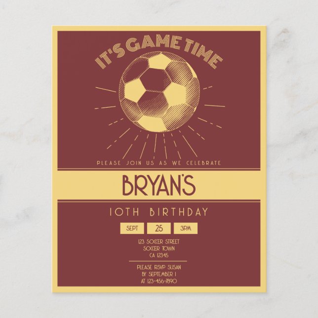 Einfache Retro Gold Fußball Einladung zum Geburtst (Vorderseite)