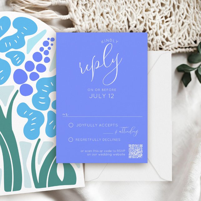 Einfache Retro LILA Hochzeit Einladung UAWG (Simple violet purple script formal QR code RSVP card sky blue retro boho floral arch wedding invite)