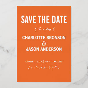 Einfache Retro Orange Save the Date Silber Folieneinladung