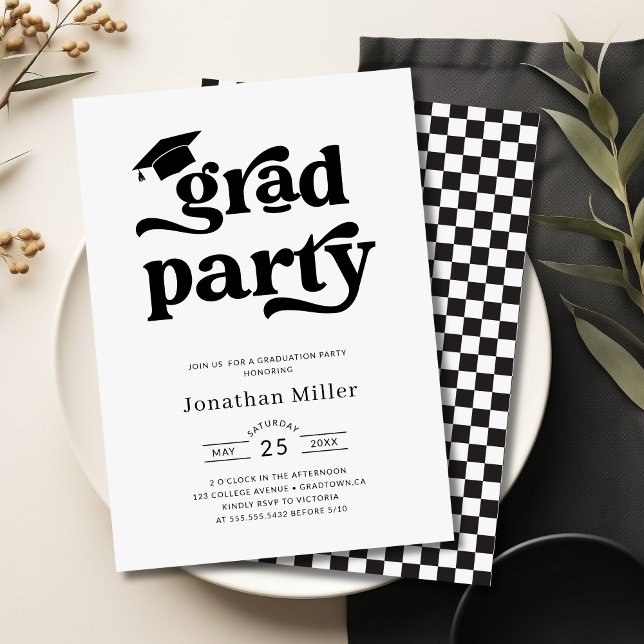 Einfache Retro-Schwarz-Weiß-Graduierungsparty Einladung (Simple Retro Black and White Graduation Party Invitation)