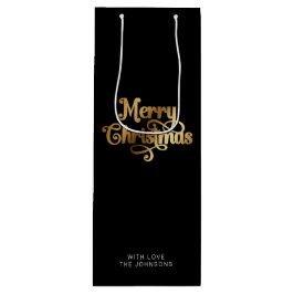 Einfache Retro Script Black Gold Frohe Weihnachten Geschenktüte Für Weinflaschen