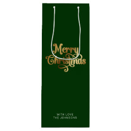 Einfache Retro Script Green Gold Frohe Weihnachten Geschenktüte Für Weinflaschen