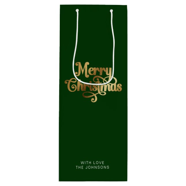 Einfache Retro Script Green Gold Frohe Weihnachten Geschenktüte Für Weinflaschen (Vorderseite)