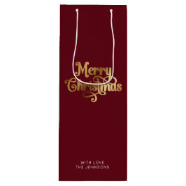Einfache Retro Script Red Gold Frohe Weihnachten Geschenktüte Für Weinflaschen