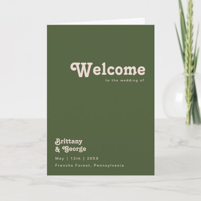 Einfache Retro-Vibes | Olive Green Folded Wedding Programm (Vorderseite)