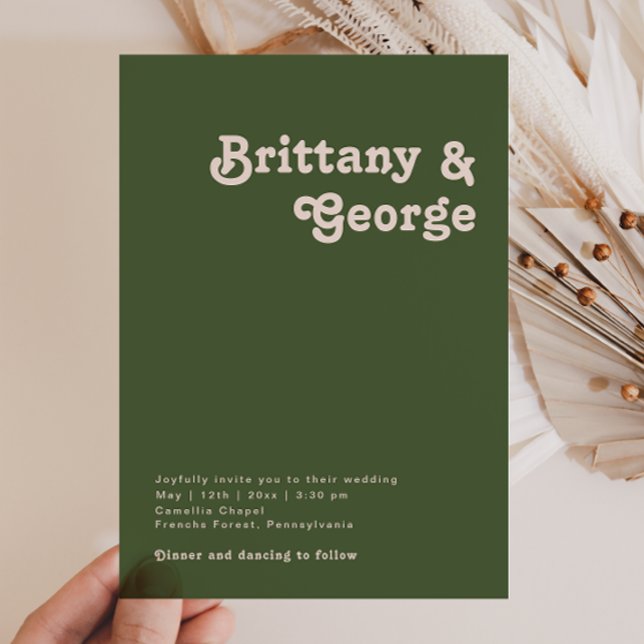 Einfache Retro-Vibes | Olive Green Lässig Wedding Einladung (Von Creator hochgeladen)