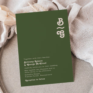 Einfache Retro-Vibes   Olive Green Monogram Weddin Einladung