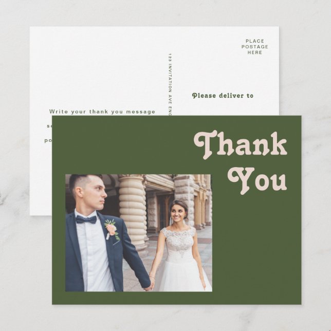 Einfache Retro-Vibes | Olive Green Wedding Vielen  Postkarte (Vorne/Hinten)