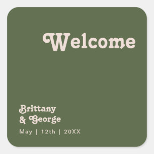 Einfache Retro-Vibes   Olive Green Wedding Welcome Quadratischer Aufkleber