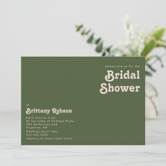 Einfache Retro-Vibes | Olivgrün Brautparty Einladung (Stehend Vorderseite)