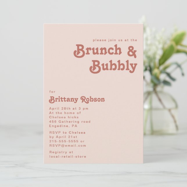Einfache Retro-Vibes | Rosa Brunch und Bubbly Einladung (Stehend Vorderseite)