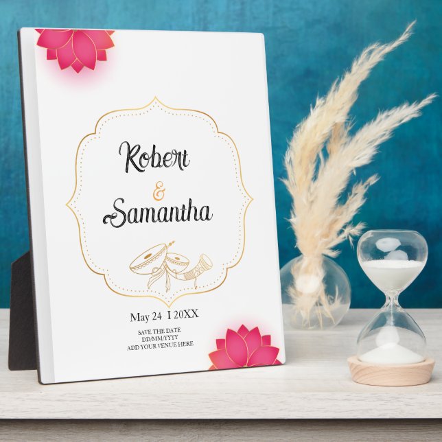 Einfache rosa Blumen Minimalistische Hochzeitstafe Fotoplatte (Seite)