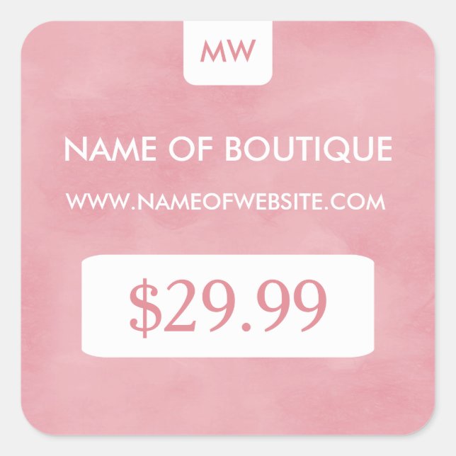 Einfache Rosa Boutique Monogram Preis-Markierung Quadratischer Aufkleber (Vorderseite)