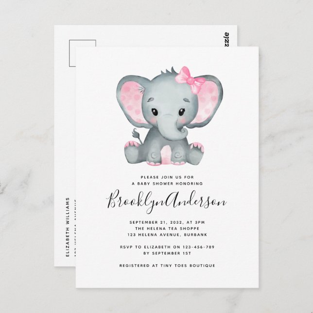 Einfache Rosa Elephant Baby Dusche Einladung Postkarte (Vorne/Hinten)