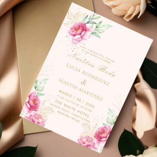 Einfache rosa Floral Gold Nuestra Boda Einladung