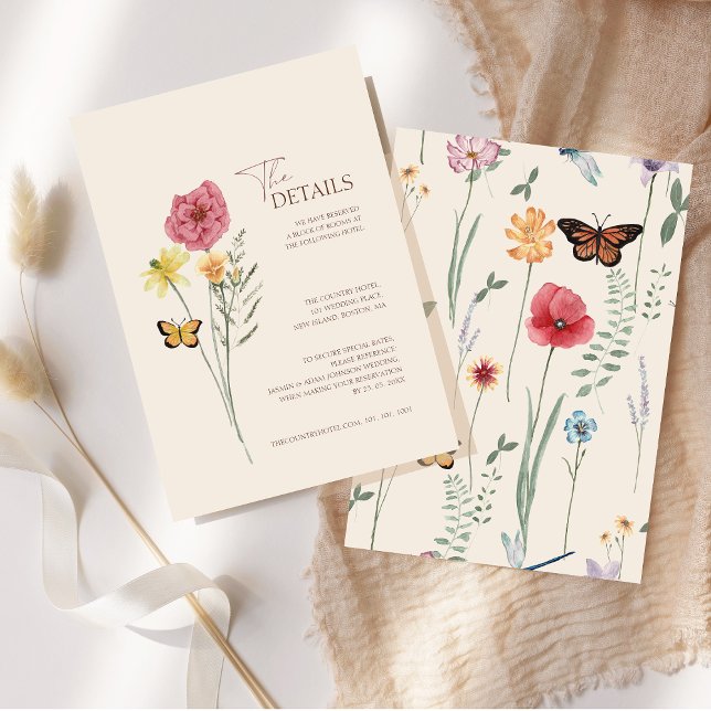 Einfache Rosa Gelbe Wildblume Hochzeitsdetails Begleitkarte (Simple Pink Yellow Wildflower Whimsical Details Enclosure Card)