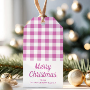 Einfache rosa Karierte Schrift Frohe Weihnachten Geschenkanhänger