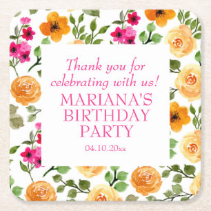 Einfache Rosa Orange Floral Geburtstagsparty Gefal Rechteckiger Pappuntersetzer