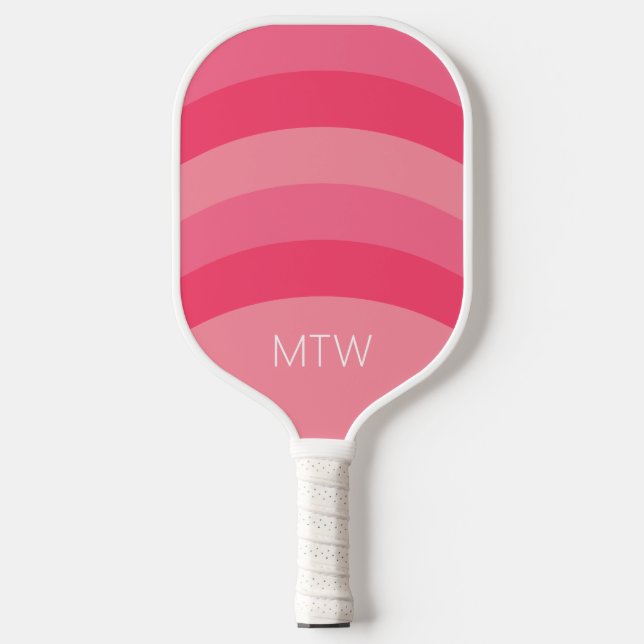 Einfache rosa Streifen Weißes Monogramm Pickleball Schläger (Vorderseite)