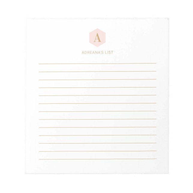 Einfache rosa und goldene Monogramme Personalisier Notizblock (Vorderseite)